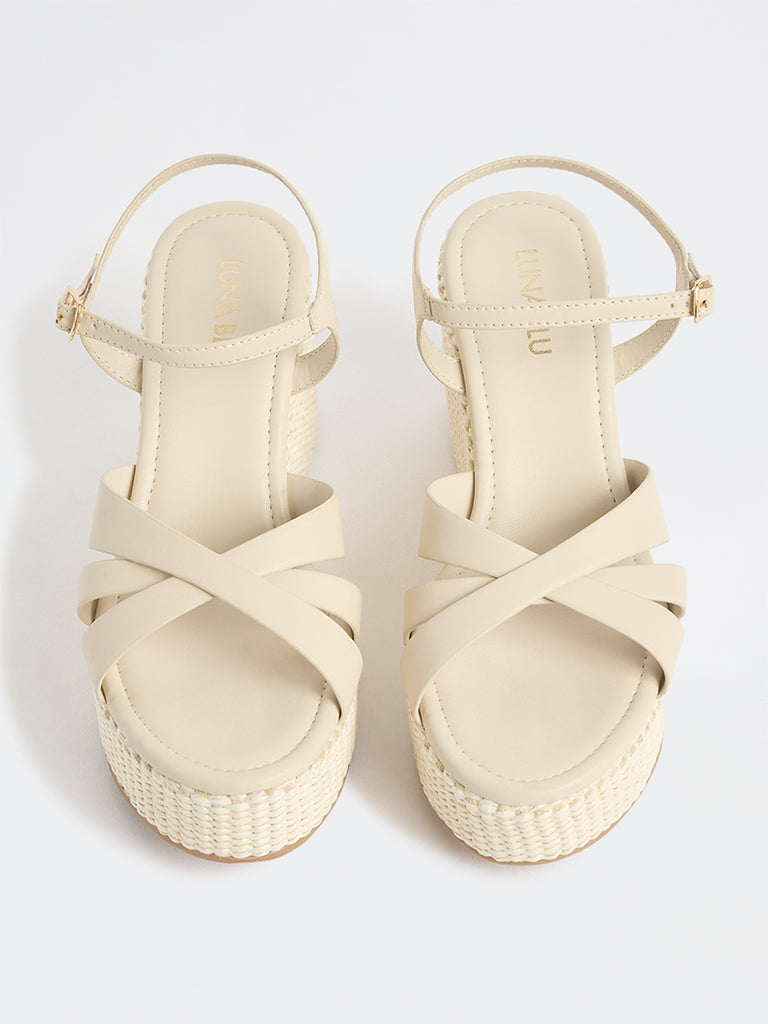 LUNA BLU Ivory Cross-Strap Raffia Wedge-Heel Sandals