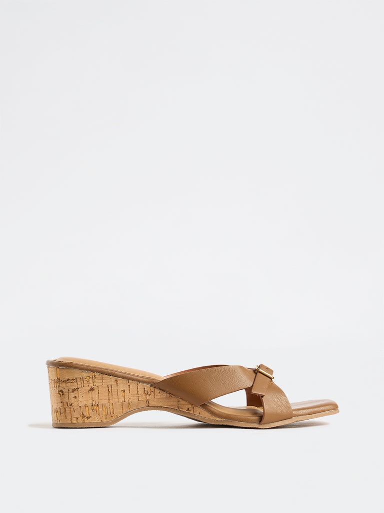 LUNA BLU Tan Buckle-Strap Wedge Sandals