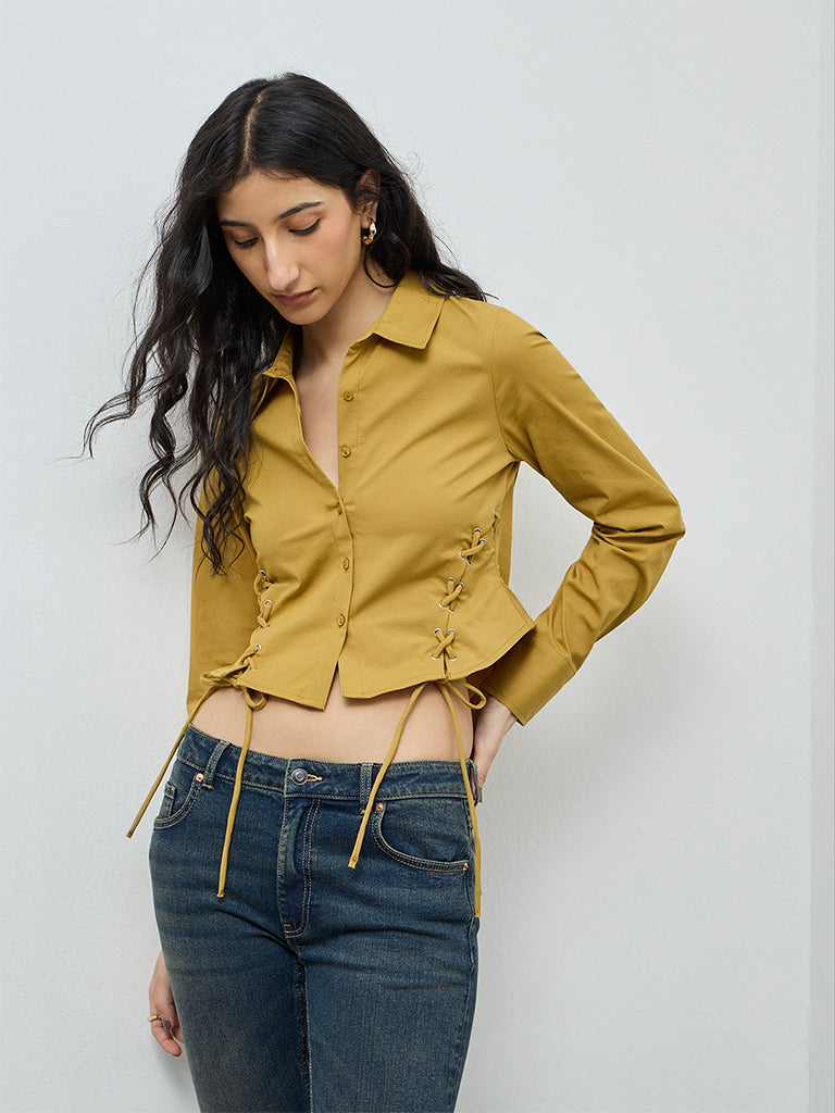 Nuon Mustard Criss-Cross Detailed Cotton Shirt