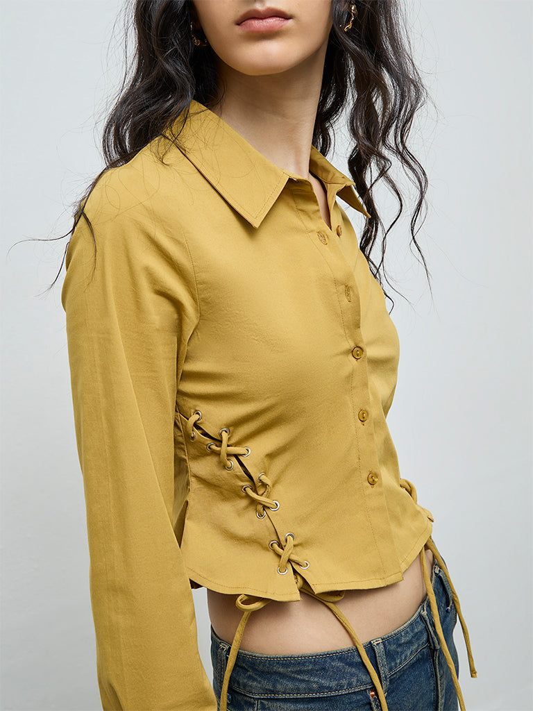 Nuon Mustard Criss-Cross Detailed Cotton Shirt