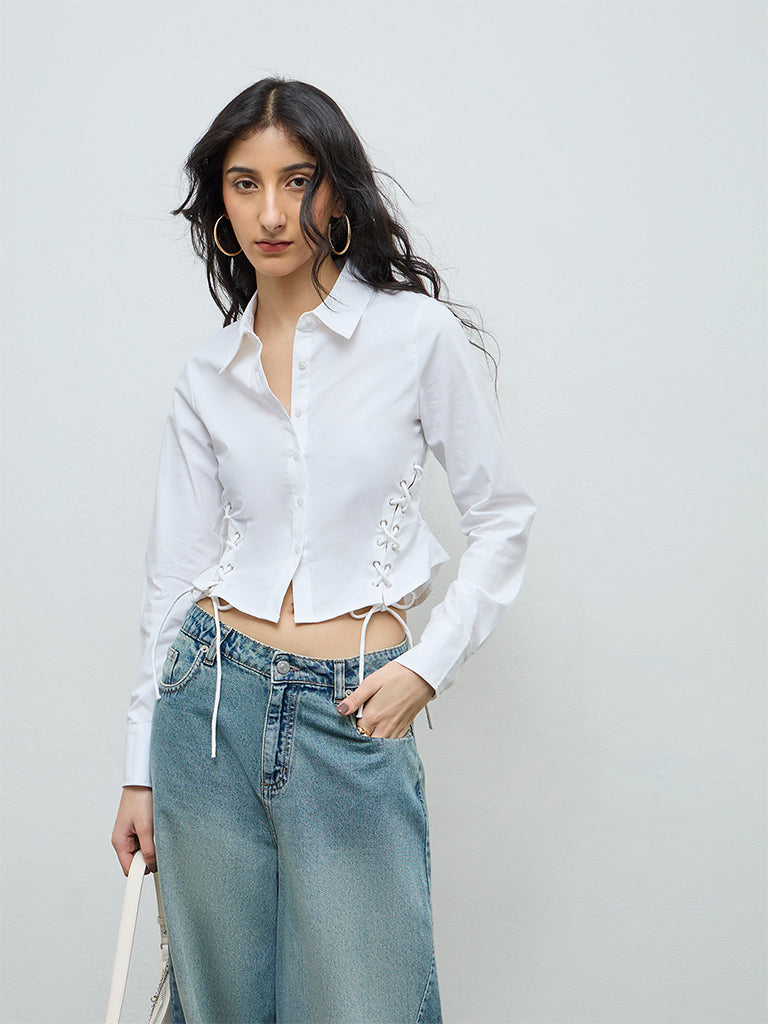 Nuon White Criss-Cross Detailed Cotton Shirt