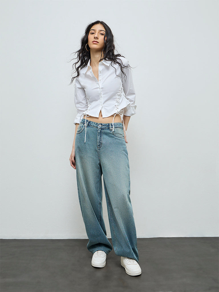 Nuon White Criss-Cross Detailed Cotton Shirt