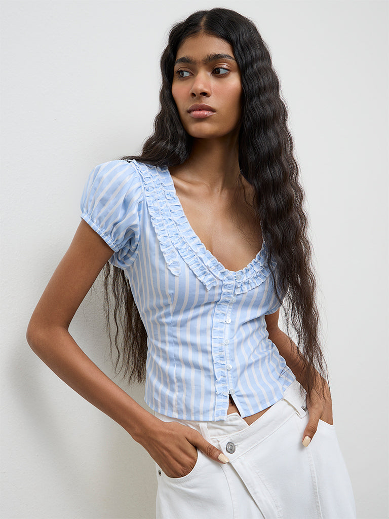 Nuon Blue Striped Ruffle-Detailed Cotton Top