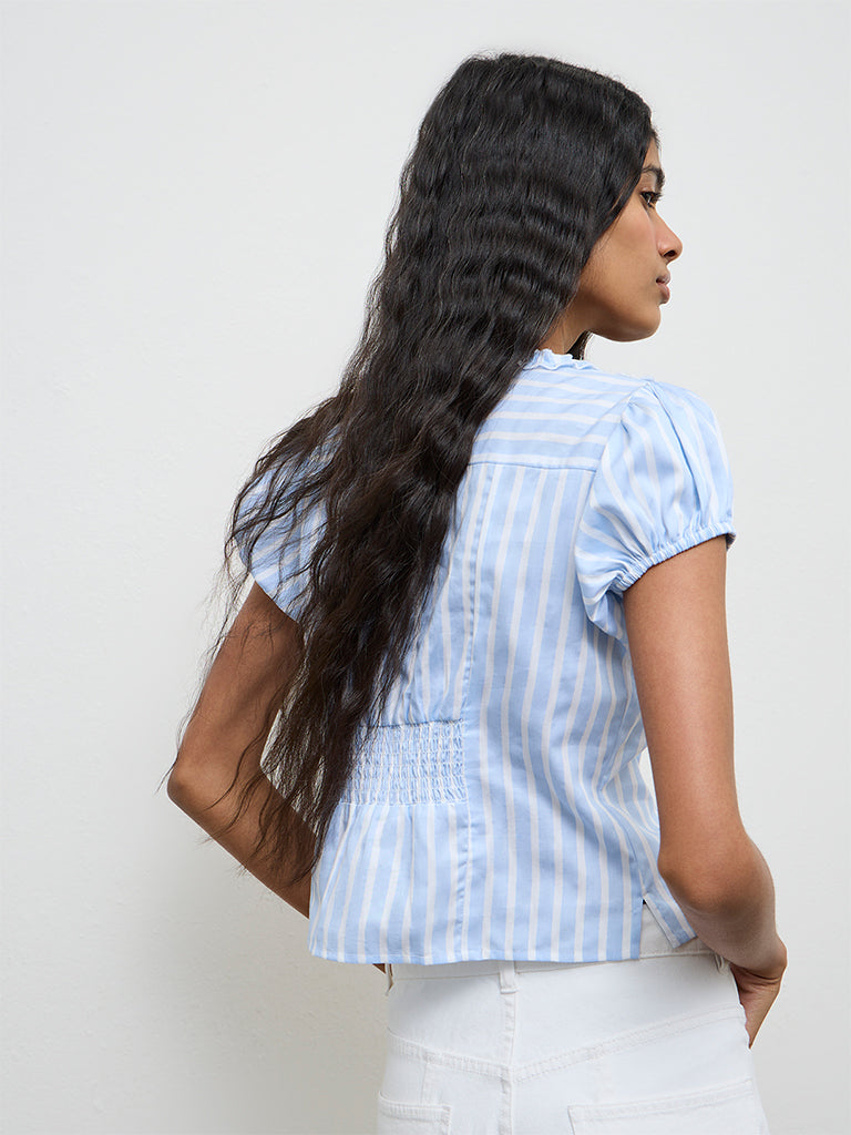 Nuon Blue Striped Ruffle-Detailed Cotton Top