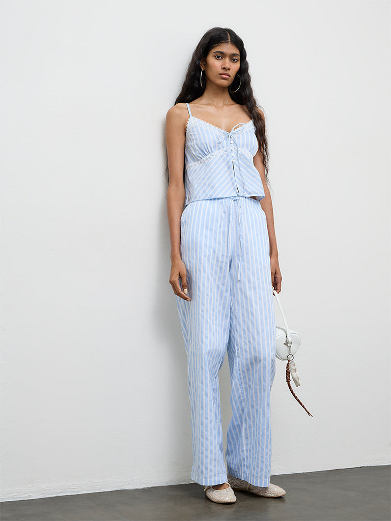 Nuon Blue Striped Lace-Detailed Cotton Top