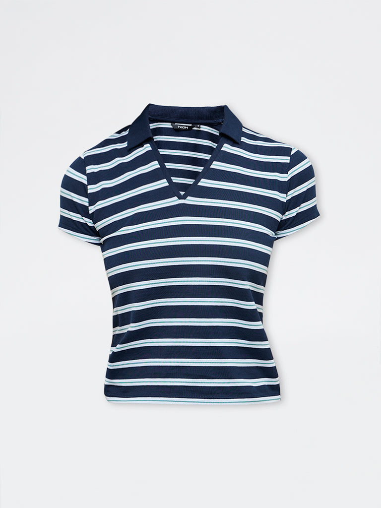 Nuon Navy Striped Cotton-Blend T-Shirt