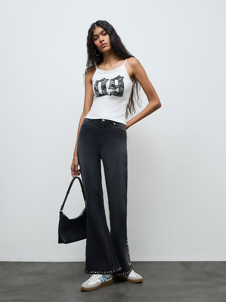 Nuon White Text Printed Cotton-Blend Top