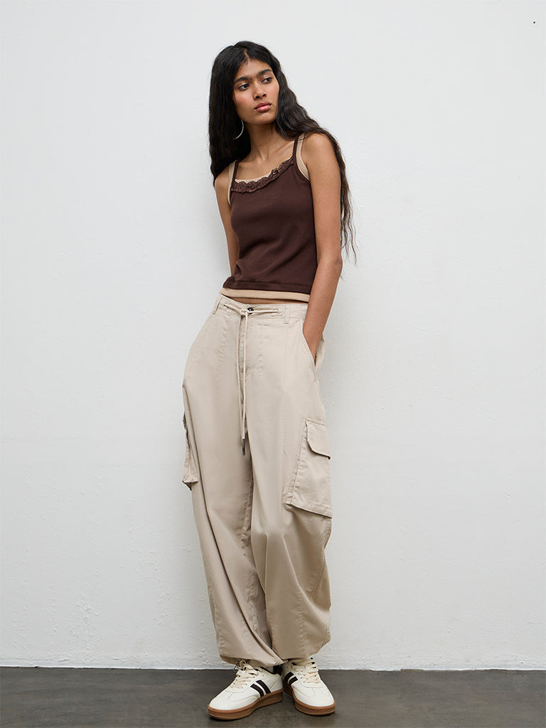 Nuon Brown Lace-Detailed Cotton-Blend Top