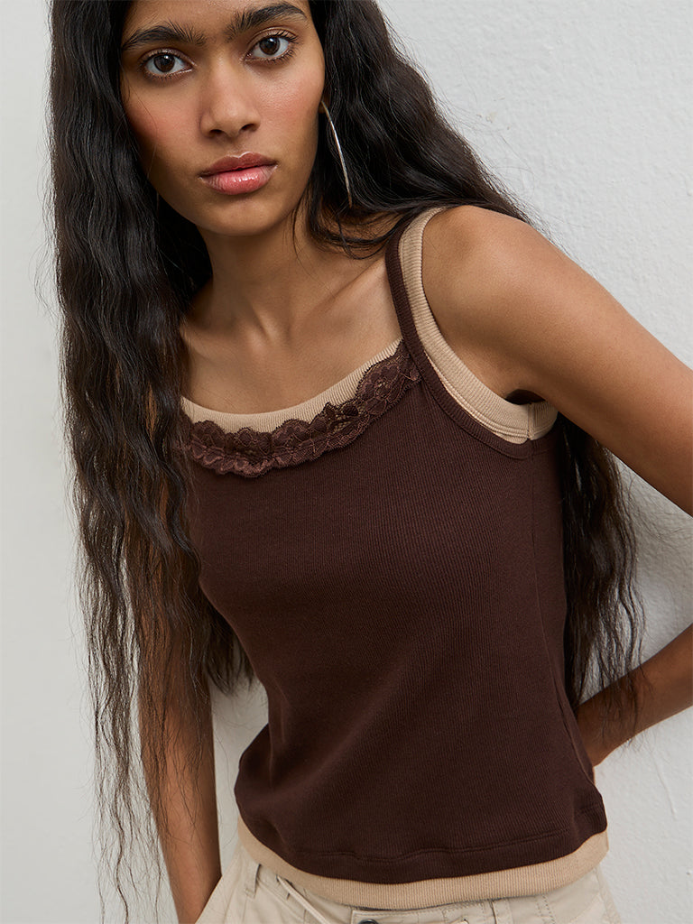 Buy Nuon Brown Lace-Detailed Cotton-Blend Top from Westside