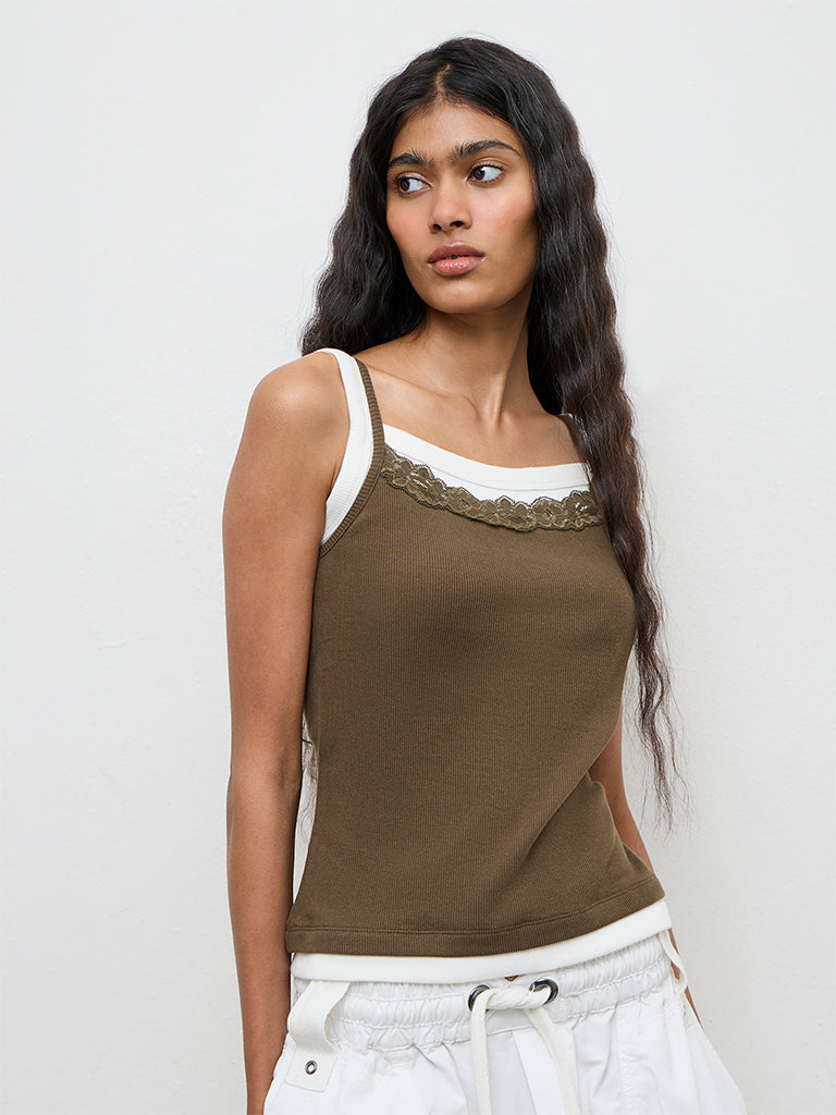 Nuon Olive Lace-Detailed Cotton-Blend Top