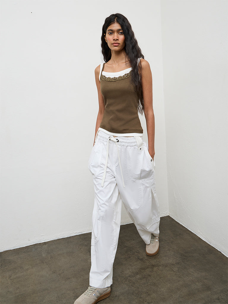 Nuon Olive Lace-Detailed Cotton-Blend Top