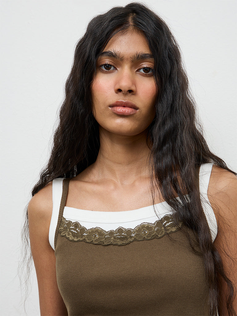 Nuon Olive Lace-Detailed Cotton-Blend Top