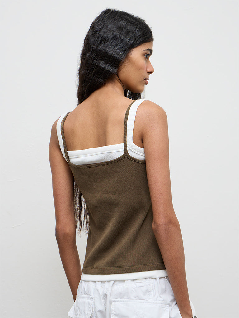 Nuon Olive Lace-Detailed Cotton-Blend Top