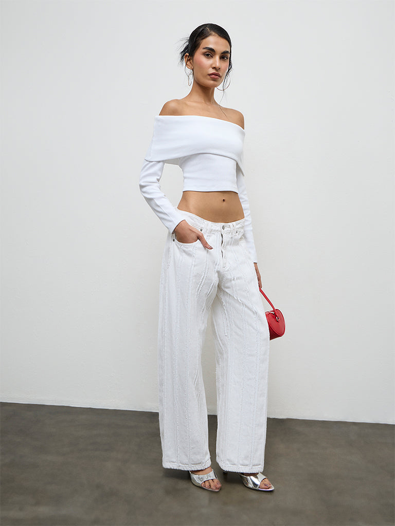 Nuon White Ribbed Off-Shoulder Cotton Top