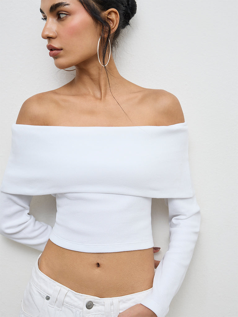 Nuon White Ribbed Off-Shoulder Cotton Top