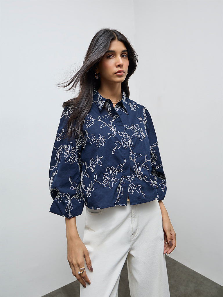 LOV Navy Floral Embroidered Cotton Shirt
