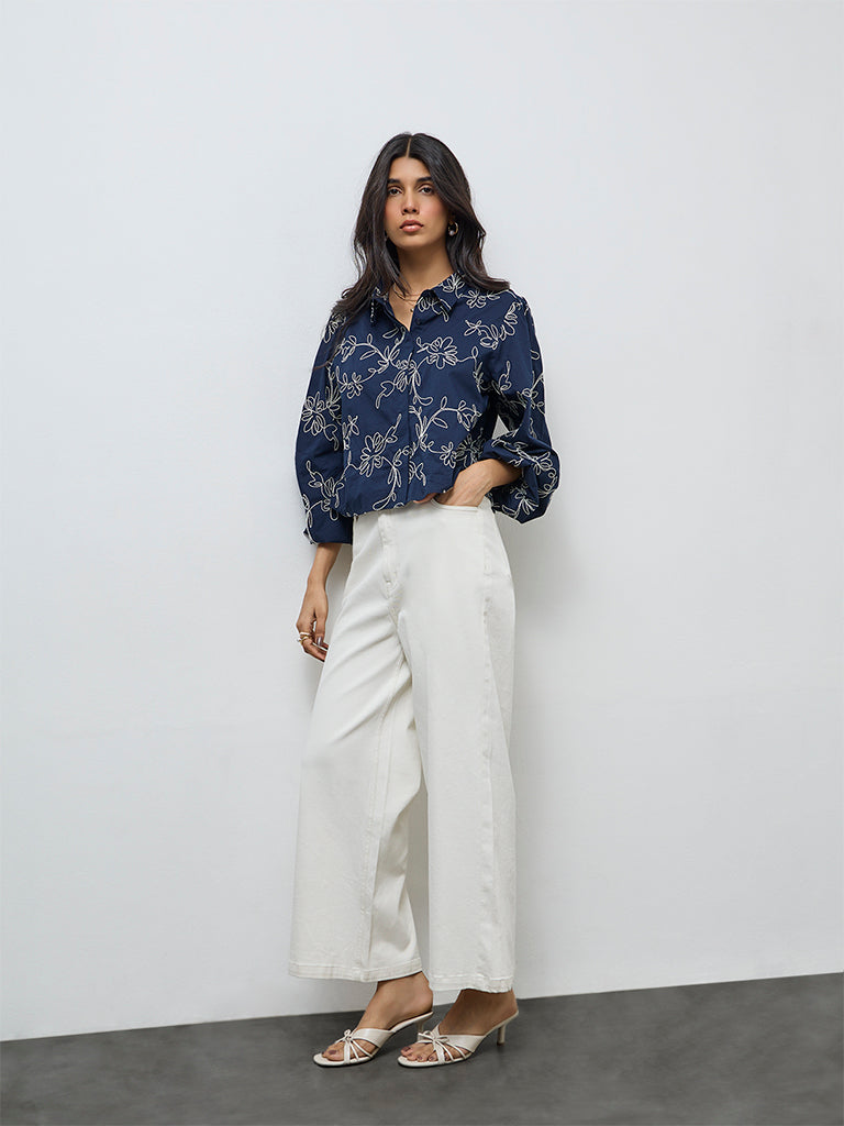 LOV Navy Floral Embroidered Cotton Shirt