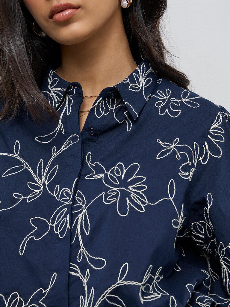 LOV Navy Floral Embroidered Cotton Shirt