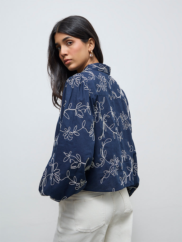 LOV Navy Floral Embroidered Cotton Shirt