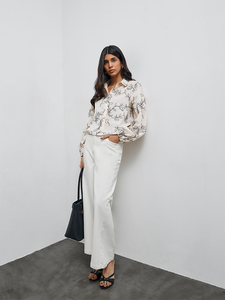 LOV Light Beige Floral Embroidered Cotton Shirt