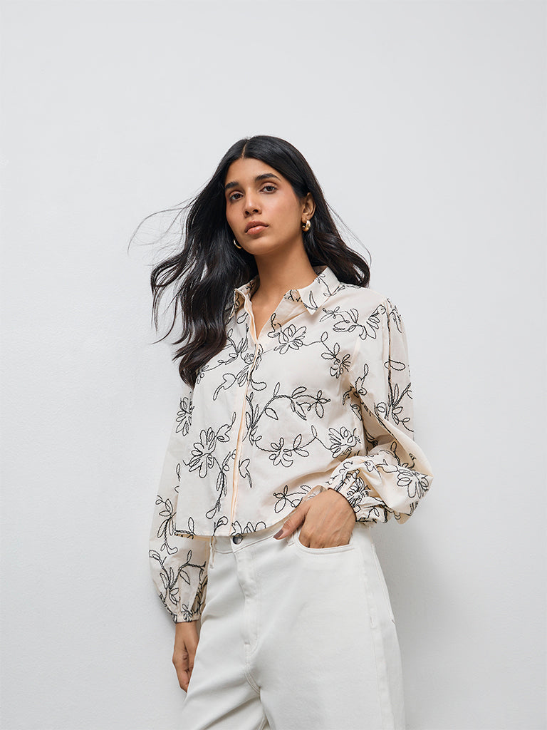 LOV Light Beige Floral Embroidered Cotton Shirt