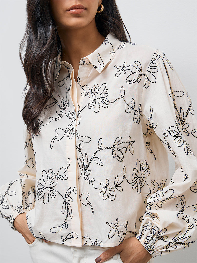 LOV Light Beige Floral Embroidered Cotton Shirt