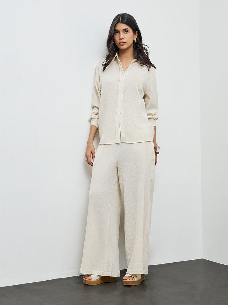 LOV Off-White Crinkle Textured High-Rise Trousers