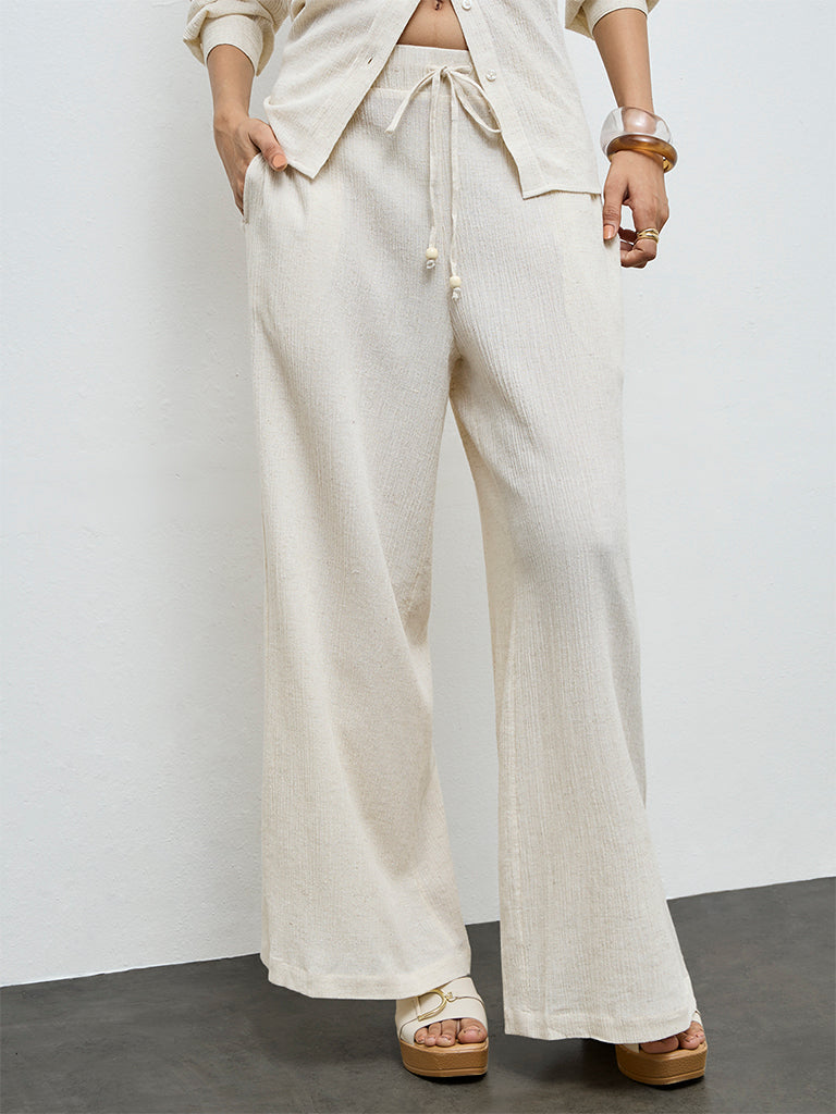 LOV Off-White Crinkle Textured High-Rise Trousers