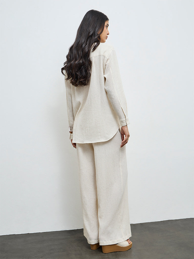 LOV Off-White Crinkle Textured High-Rise Trousers