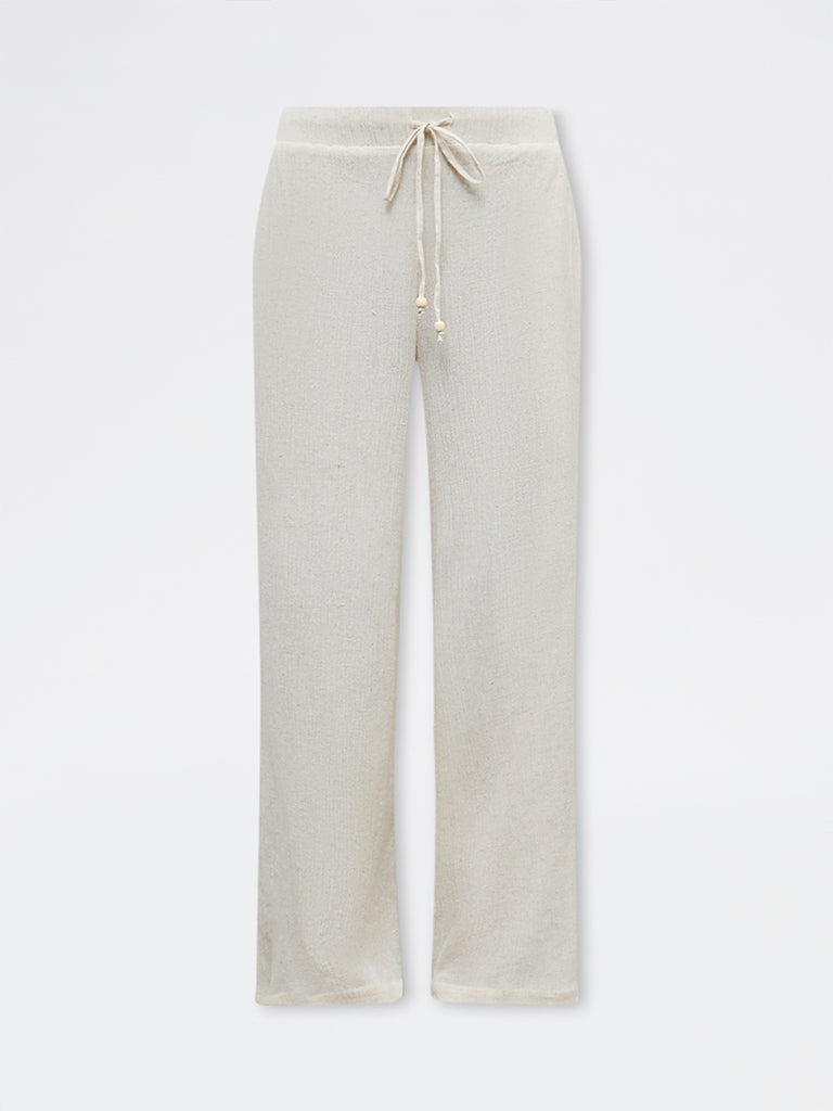LOV Off-White Crinkle Textured High-Rise Trousers