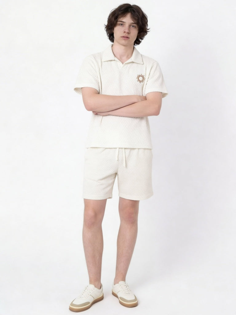 Y&F Kids Boys Off-White Textured Cotton-Blend T-Shirt and Shorts Set