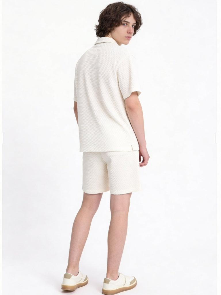 Y&F Kids Boys Off-White Textured Cotton-Blend T-Shirt and Shorts Set