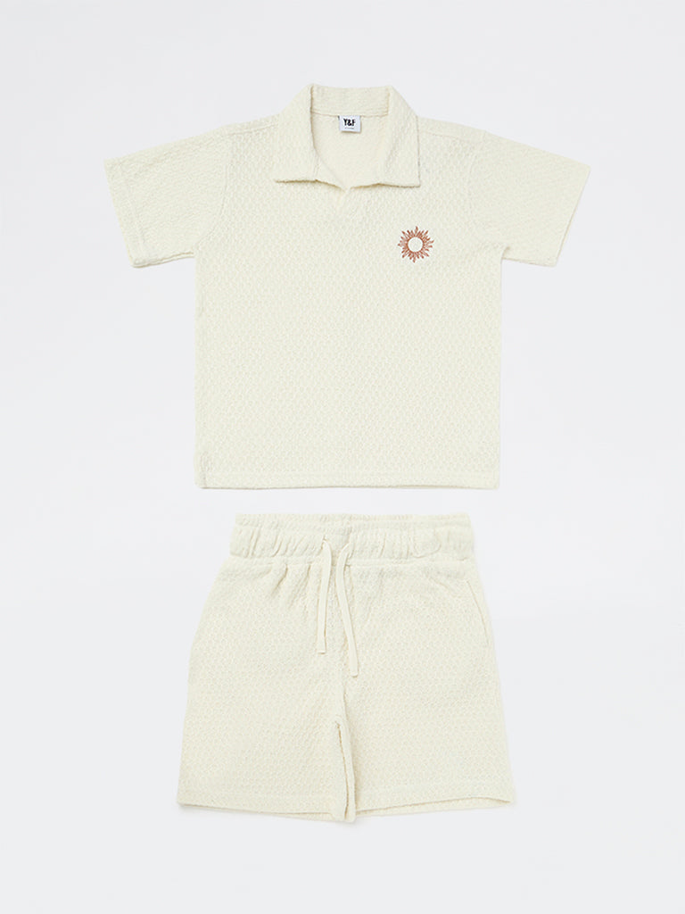 Y&F Kids Boys Off-White Textured Cotton-Blend T-Shirt and Shorts Set