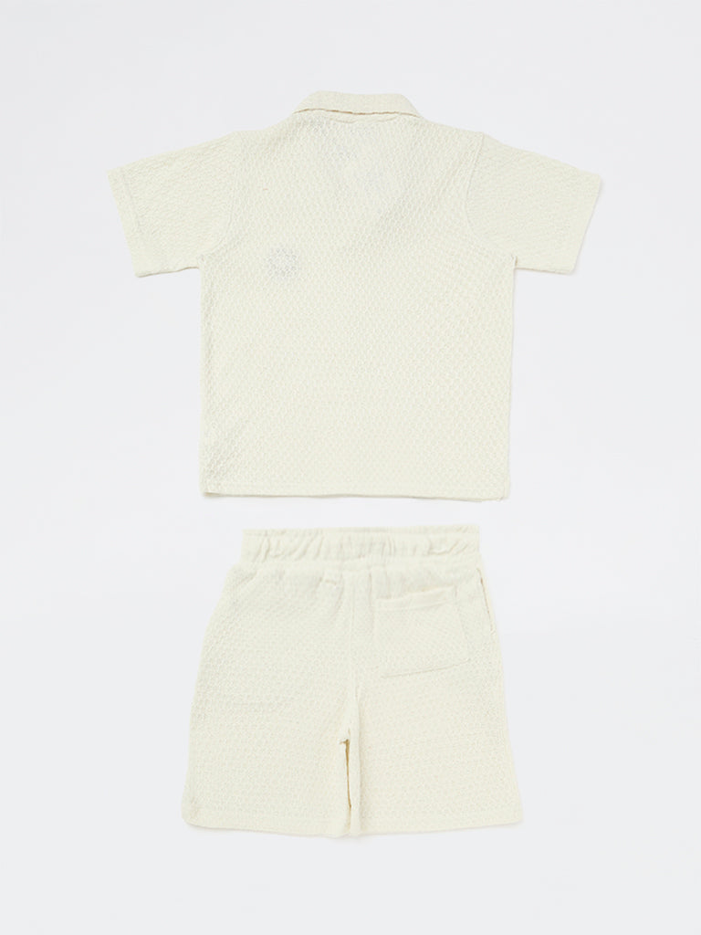 Y&F Kids Boys Off-White Textured Cotton-Blend T-Shirt and Shorts Set