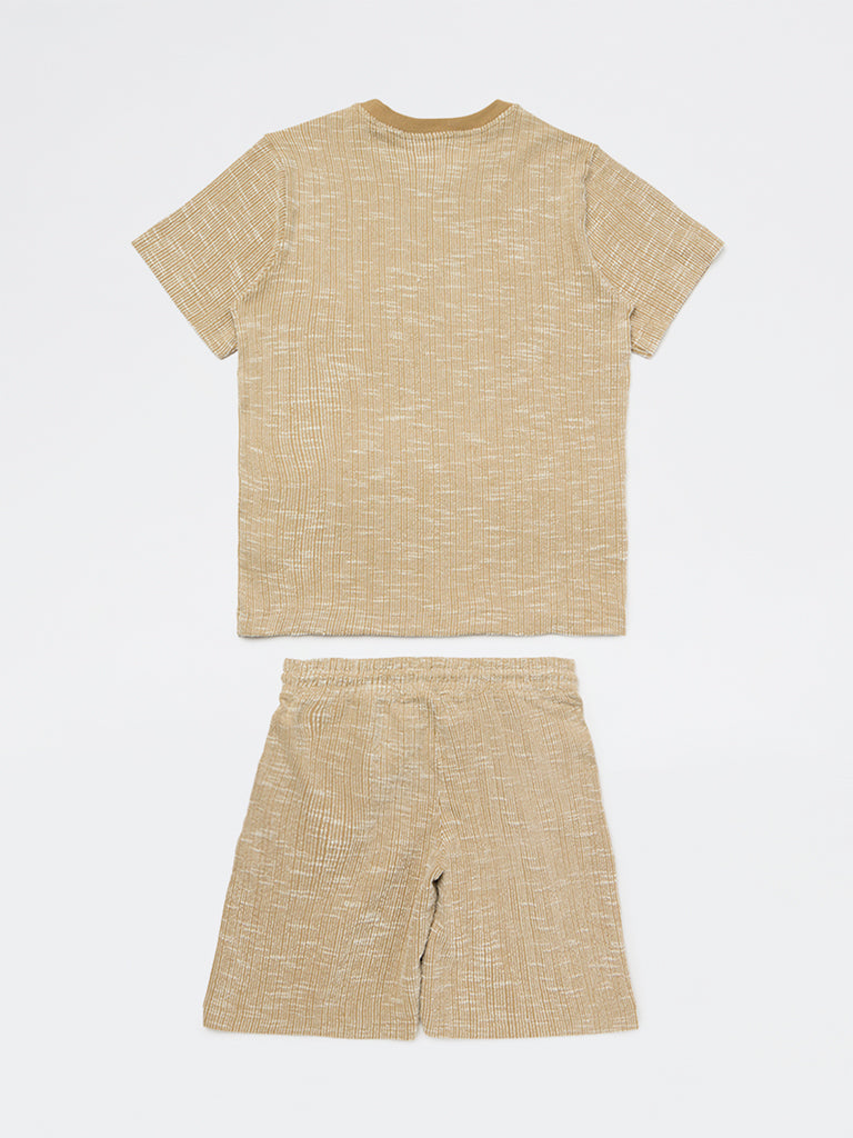 Boys Light Brown Textured Cotton T-Shirt and Shorts Set