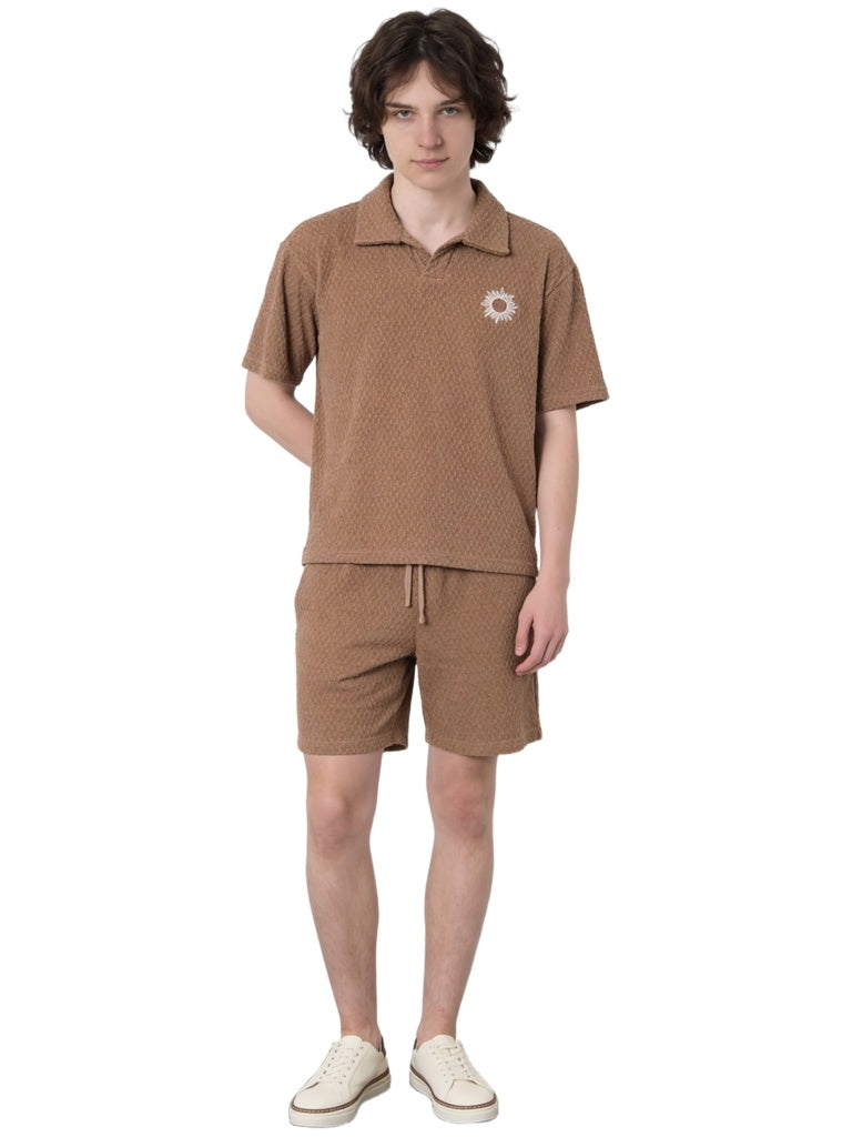 Y&F Kids Boys Brown Textured Cotton-Blend T-Shirt and Shorts Set