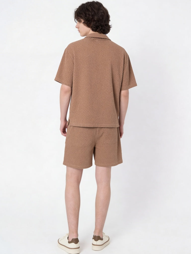 Y&F Kids Boys Brown Textured Cotton-Blend T-Shirt and Shorts Set