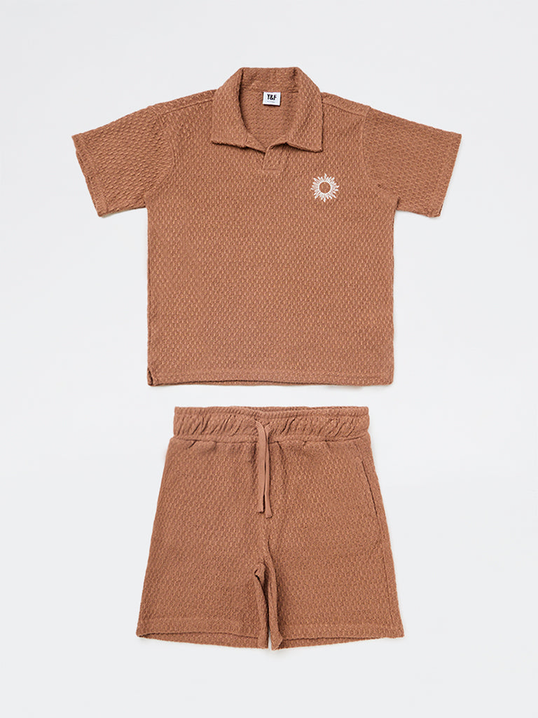 Y&F Kids Boys Brown Textured Cotton-Blend T-Shirt and Shorts Set