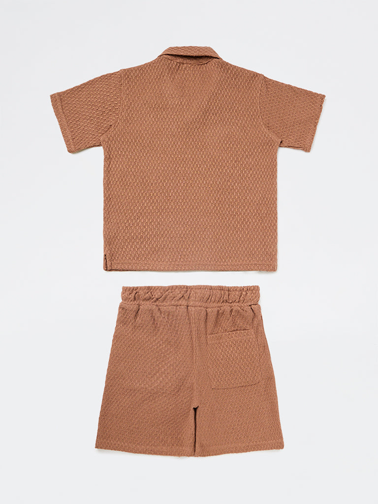 Y&F Kids Boys Brown Textured Cotton-Blend T-Shirt and Shorts Set