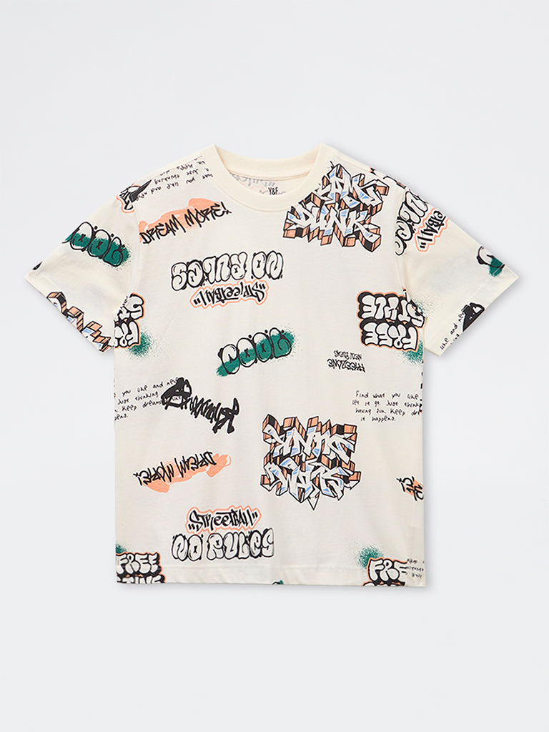 Boys Off-White Graphic Printed Cotton T-Shirt