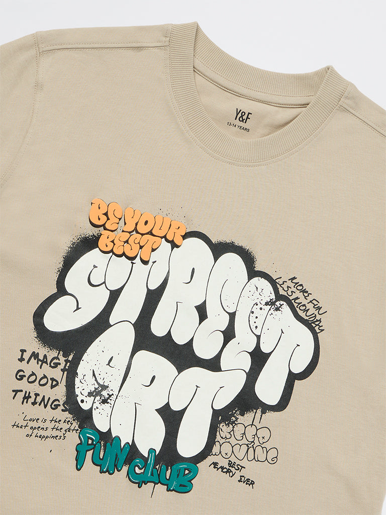 Boys Taupe Printed Cotton T-Shirt