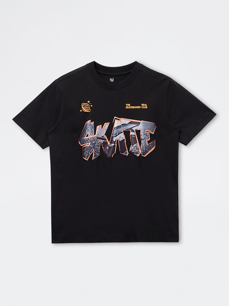 Y&F Kids Boys Black Text Printed Cotton T-Shirt