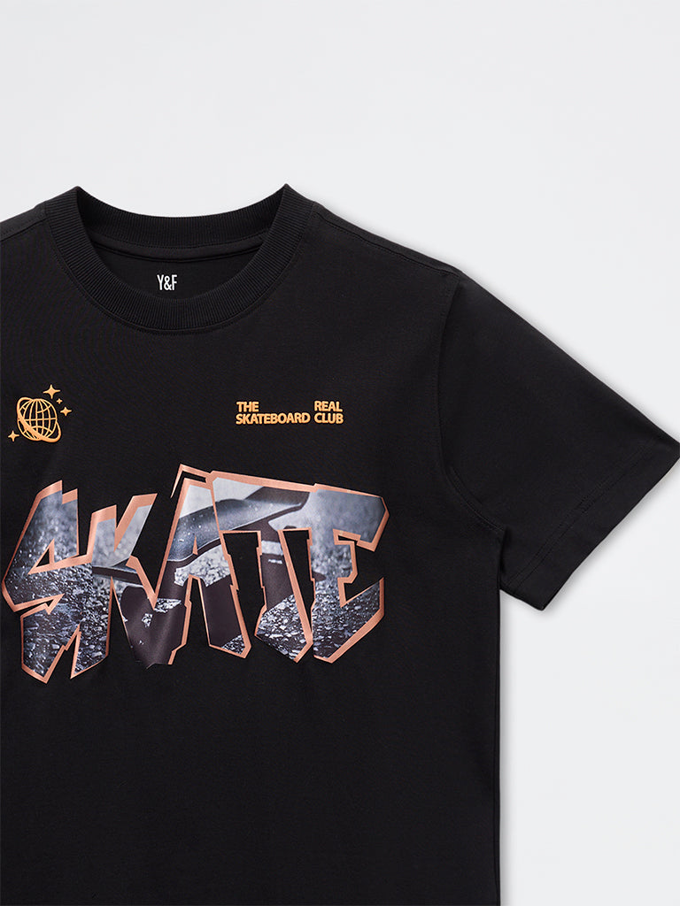 Y&F Kids Boys Black Text Printed Cotton T-Shirt