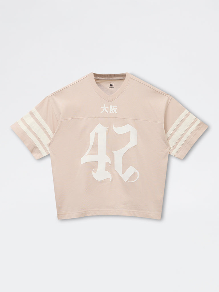 Boys Light Beige Numerical Printed Cotton T-Shirt