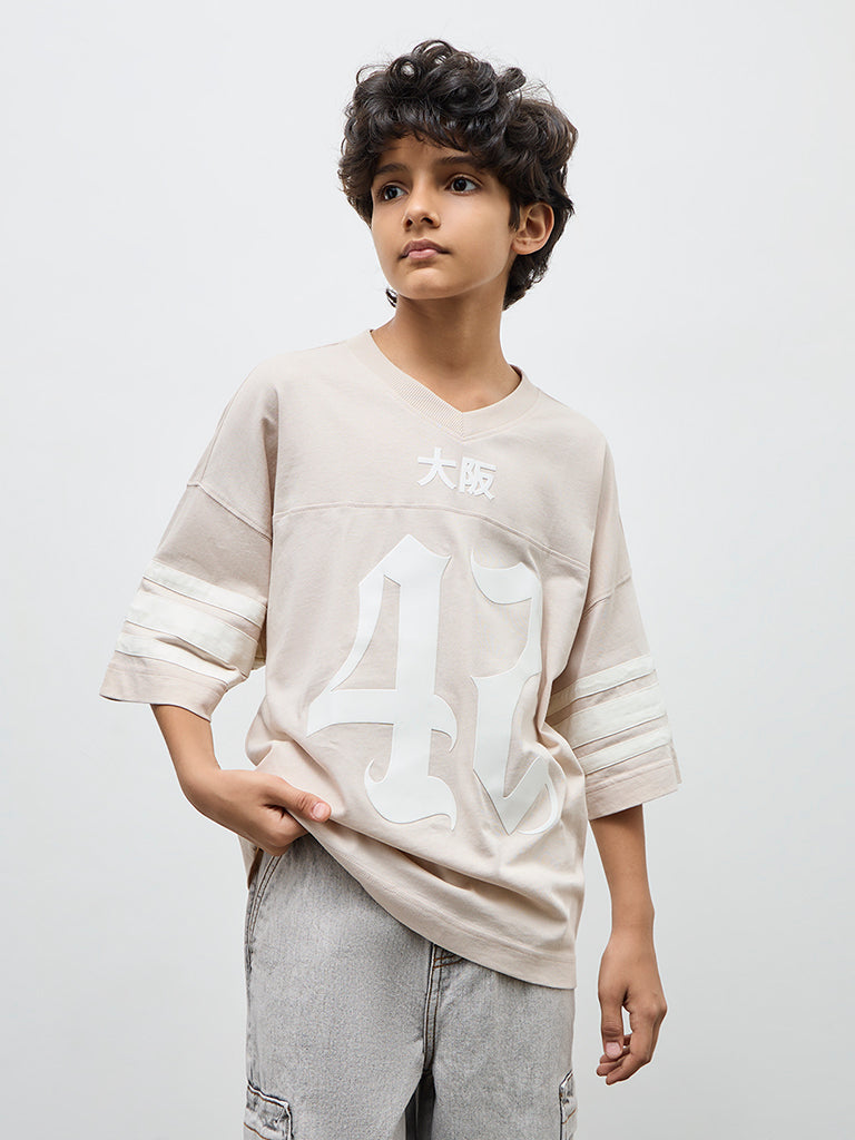 Boys Light Beige Numerical Printed Cotton T-Shirt