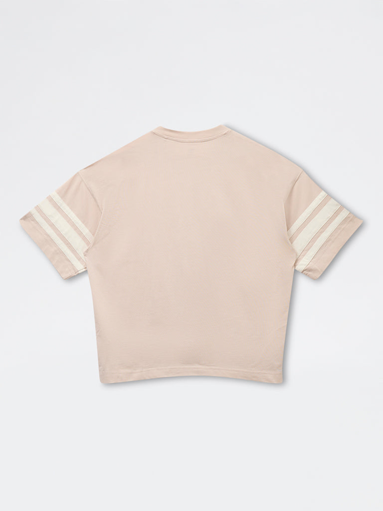 Boys Light Beige Numerical Printed Cotton T-Shirt