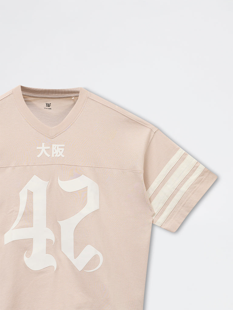 Boys Light Beige Numerical Printed Cotton T-Shirt
