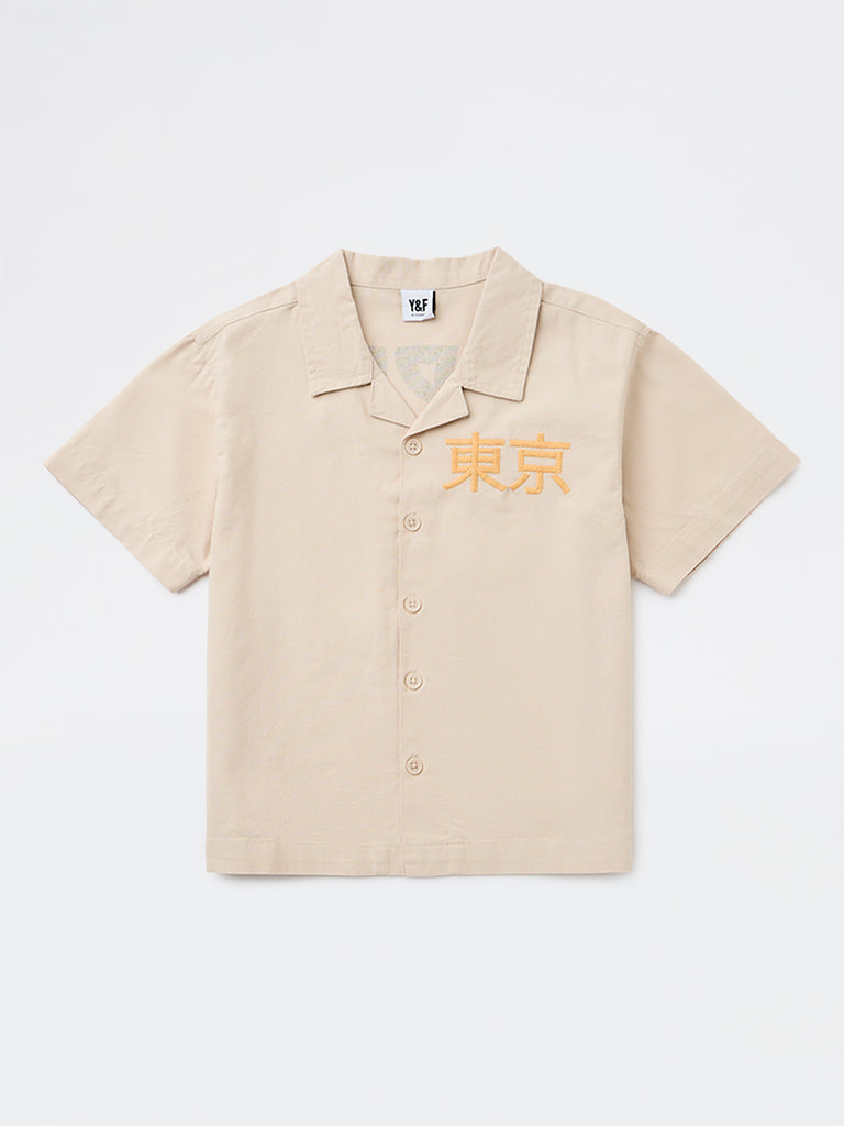 Boys Beige Graphic Printed Cotton Shirt