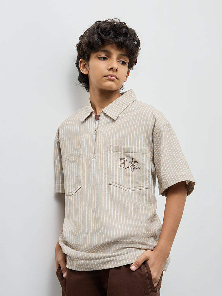 Boys Light Taupe Striped Cotton Shirt