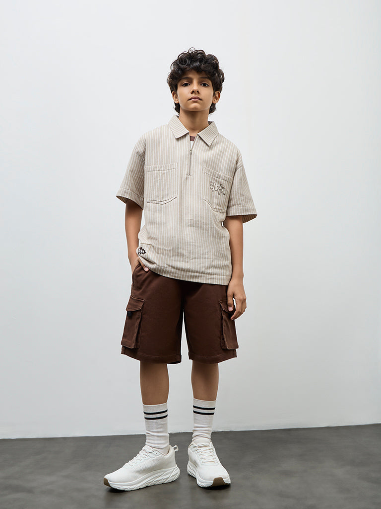 Boys Light Taupe Striped Cotton Shirt
